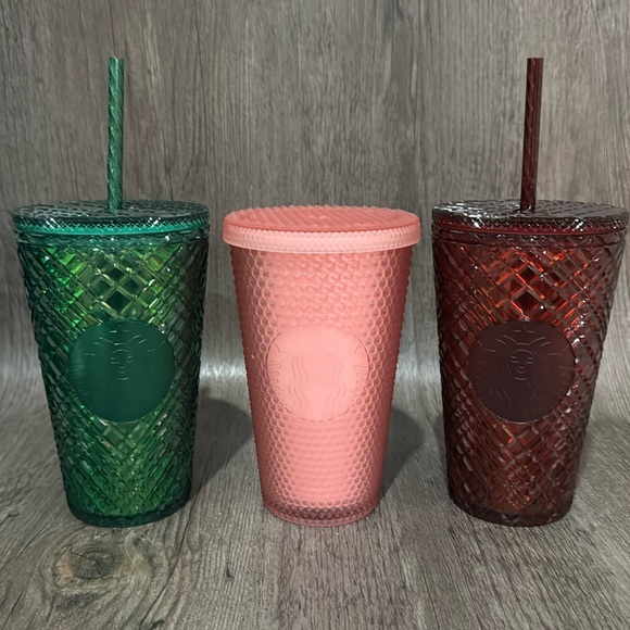 Starbucks Other - Starbucks Green Red Pink Jeweled Diamond 16oz Grande Cold Coffee 3 Tumblers